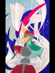  2others arm_blade bisharp blue_background border cape closed_eyes colored_skin comforting cowboy_shot english_commentary facing_another gallade green_hair grey_skin half-closed_eyes hand_on_another's_face hand_on_another's_head hand_on_own_chest high_contrast highres knees_up leaning_on_person letterboxed looking_at_another mega_gallade mega_pokemon mohawk multicolored_skin multiple_others ornate_border paint_splatter pokemon pokemon_(creature) pokemon_focus red_eyes red_skin shoulder_pads sleeping sparkle two-tone_skin umi-be-to upside-down weapon white_cape white_skin 