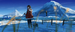  1girl absurdres bilingual_commentary black_hair black_pants blue_eyes blue_sky blurry chinese_commentary clouds coat commentary_request day depth_of_field fish fishing_rod grass harbor hargow highres holding holding_fishing_rod ice long_sleeves mixed-language_commentary mountain original outdoors pants pier red_coat rolling_suitcase scenery ship sky snow solo standing suitcase watercraft winter 