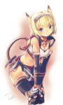  animal_ears black_legwear black_thighhighs blue_eyes bra breasts cat_ears cleavage dated final_fantasy final_fantasy_xi fingerless_gloves gloves hairband hands_on_knees leaning_forward leather looking_at_viewer midriff mithra ribbon smile solo tail thigh-highs thighhighs 