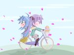  blue_hair cherry_blossoms chibi cruiser_bicycle hiiragi_kagami izumi_konata kokemomo long_hair lucky_star moco_(axion_channel) purple_hair 