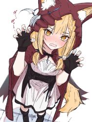  1girl allumer99 animal_ear_fluff animal_ears arknights arknights:_endfield black_boots black_gloves blonde_hair blush boots cape claw_pose commentary_request dress ears_through_headwear ears_through_hood fangs fingerless_gloves full_body gloves highres hood hood_up hooded_cape jewelry looking_at_viewer low-tied_sidelocks necklace open_mouth red_cape rossi_(arknights) sidelocks skin_fangs solo standing tail tooth_necklace translated twitter_username white_dress wolf_ears wolf_girl wolf_tail yellow_eyes 