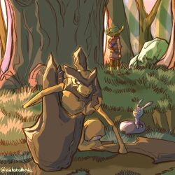  1boy autobottesla closed_mouth commentary cowboy_hat from_behind grass hat highres hisuian_sliggoo kleavor lian_(pokemon) nostrils open_mouth outdoors pokemon pokemon_(creature) pokemon_legends:_arceus rock smile standing tree untranslatable_commentary 