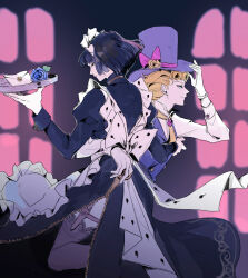 2boys alternate_costume apron black_dress black_hair blonde_hair blue_eyes blue_flower blue_suit bob_cut bruno_bucciarati bug collared_dress crossdressing crossdressing_(mtf) dress flower frilled_apron frills giorno_giovanna gloves green_eyes hat highres holding holding_tray jewelry jojo_no_kimyou_na_bouken juliet_sleeves knife ladybug ladybug_ornament letter long_hair long_sleeves luminous_slime maid maid_apron maid_headdress male_focus male_maid multiple_boys puffy_sleeves sidelocks smile suit thigh-highs top_hat tray unconventional_maid vento_aureo victory_rolls waist_apron white_apron white_gloves window zipper_dress 