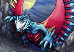  animal_focus claws clouds cloudy_sky colored_sclera commentary_request dragon dragon_wings fangs flying full_body keba-saki no_humans open_mouth pokemon pokemon_(creature) pokemon_focus red_eyes roaring_moon sky solo wings yellow_sclera 