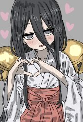  1girl bell black_hair blush chuugoku_usagi commentary_request hair_bell hair_between_eyes hair_ornament hakama heart heart_hands highres japanese_clothes jingle_bell kimono long_hair long_hair_between_eyes looking_at_viewer miko open_mouth red_hakama skirt very_long_hair voicevox white_kimono zera17140813 