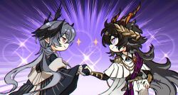  ambience_synesthesia animal_ears ariadusts arknights asymmetrical_horns belt black_hair black_horns black_shirt blue_hair capelet cowboy_shot ebenholz_(ambience_synesthesia)_(arknights) ebenholz_(arknights) epaulettes hand_on_own_hip handshake head_wings horns logos_(arknights) logos_(radiant_serenity)_(arknights) long_hair long_sleeves looking_at_another pants pink_eyes pointy_ears profile purple_background purple_sash sash sheep_ears shirt smile uneven_horns vambraces very_long_hair violet_eyes white_capelet white_pants wide_sleeves wings 