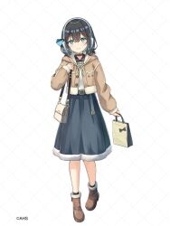  1girl ankle_socks argyle_background bag bag_bow belt black_choker black_hair black_socks blue_belt blue_bow blue_eyes blue_hair blue_skirt boots bow brown_boots brown_jacket cat_choker cevio choker closed_mouth colored_inner_hair commentary_request copyright_name copyright_notice drawstring earmuffs full_body fur-trimmed_boots fur-trimmed_jacket fur-trimmed_skirt fur_trim hair_bow hair_ornament highres holding holding_bag hood hooded_jacket jacket light_blush long_sleeves medium_hair medium_skirt miko_fly miyamai_moca multicolored_hair official_alternate_costume official_art open_clothes open_jacket paper_bag puffy_long_sleeves puffy_sleeves shoulder_bag skirt smile socks solo standing sweater sweater_tucked_in tied_drawstring white_background white_bag white_sweater winter_clothes 