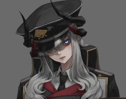  1girl black_coat black_horns black_necktie blue_archive blue_eyes closed_mouth coat coat_on_shoulders collared_shirt curved_horns demon_horns gradient_horns grey_background grey_hair hat holong5020 horns long_hair looking_at_viewer makoto_(blue_archive) military_uniform multicolored_horns multiple_horns necktie one_eye_covered peaked_cap shirt simple_background solo unfinished 