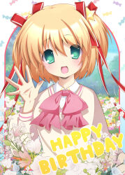  1girl :d aqua_eyes blonde_hair blush border bow bowtie collared_shirt commentary_request day eyes_visible_through_hair field flower flower_field hair_between_eyes hair_ornament hair_ribbon hand_up happy happy_birthday highres kamikita_komari little_busters! little_busters!_school_uniform long_ribbon long_sleeves looking_at_viewer medium_hair open_mouth outdoors outside_border outstretched_hand pink_bow pink_bowtie pink_flower red_ribbon ribbon school_uniform shirt smile solo star_(symbol) star_hair_ornament sukonbu385 sweater tulip two_side_up upper_body watermark white_border white_flower white_shirt white_tulip yellow_flower yellow_sweater 