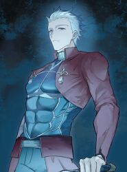  1boy archer_(fate) coat commentary_request dark-skinned_male dark_skin fate/stay_night fate_(series) highres holding holding_sword holding_weapon kanshou_&amp;_bakuya_(fate) male_focus red_coat solo spiky_hair sword sy_owo weapon white_hair 
