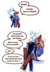  2others blue_shirt blush brown_pants dual_persona english_text epaulettes highres long_sleeves multiple_others other_with_other pants pp9072704 selfcest shirt simple_background slay_the_spire slay_the_spire_2 speech_bubble star_(sky) starry_skin the_regent_(slay_the_spire) the_regent_(void_form)_(slay_the_spire) white_background yellow_eyes 