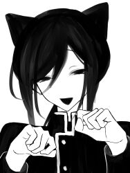  1boy :d absurdres androgynous animal_ears cat_boy cat_ears commentary_request double-parted_bangs empty_eyes greyscale hair_between_eyes half-closed_eyes hands_up high_contrast highres jacket kemonomimi_mode kunai_tadashi long_hair long_sleeves looking_at_viewer low_ponytail lower_eyelashes_only male_focus monochrome no_nose no_pupils oo_touri_oo open_mouth original paw_pose ponytail portrait sidelocks simple_background smile solo straight-on swept_bangs trap turtleneck turtleneck_jacket white_background 