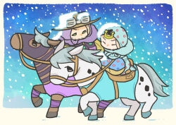  2boys absurdres black_mask blue_hoodie blue_pants brown_hat chibi chibi_only closed_eyes commentary cowboy_hat goggles goggles_on_headwear green_eyes gyro_zeppeli gyro_zeppeli_(cold_weather_jumpsuit) hat highres holding holding_reins hood hood_down hoodie horseback_riding horseshoe_hat_ornament horseshoe_ornament johnny_joestar johnny_joestar_(cold_weather_jumpsuit) jojo_no_kimyou_na_bouken long_sleeves looking_at_another m_a_a_m_8 mullet multiple_boys official_alternate_costume pants reins riding saddle saddlebags slow_dancer_(jojo) snow_on_clothes snowflakes snowing star_(symbol) star_print steel_ball_run untranslatable_commentary valkyrie valkyrie_(jojo) 