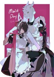  1boy 1other absurdres adoptive_siblings androgynous animal_ears apron asriel_dreemurr brown_hair chinese_commentary commentary_request crossdressing crossdressing_(mtf) deltarune dress english_text enmaided frilled_apron frills furry furry_male goat_boy goat_ears goat_horns hair_between_eyes hair_over_one_eye highres hikokisleep247 holding holding_sword holding_weapon horns juliet_sleeves kris_(deltarune) long_sleeves maid maid_apron maid_day maid_headdress male_maid puffy_sleeves red_eyes siblings sword utdr_(toby_fox) victorian_maid waist_apron weapon white_apron yellow_eyes 