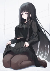  1girl absurdres black_eyes black_hair black_neckerchief black_pantyhose black_sailor_collar black_serafuku black_shirt black_skirt blunt_bangs breasts brown_shoes byakuya_rinne choker clothes_lift commentary_request euphoria_(clockup) full_body highres large_breasts loafers long_hair long_sleeves looking_at_viewer neckerchief pantyhose parted_lips pleated_skirt sailor_collar school_uniform serafuku shirt shoes sitting skirt skirt_lift solo sxrxri_a tile_floor tiles wariza white_choker 