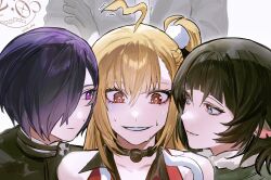  1boy 3girls absurdres ahoge animal_ears bare_shoulders behind_another black_gloves black_hair black_jacket blue_eyes chalky_(zenless_zone_zero) cissia_(zenless_zone_zero) closed_mouth collarbone commentary gloves grey_background hair_between_eyes hair_ornament hair_over_one_eye highres jacket jane_doe_(zenless_zone_zero) looking_at_another mouse_ears mouse_girl multiple_girls necktie nervous_smile nongxy_nonshi notched_ear parted_lips pom_pom_(clothes) pom_pom_hair_ornament promeia_(zenless_zone_zero) purple_hair red_eyes severian_lowell simple_background smile snake sweat untranslatable_commentary violet_eyes white_snake zenless_zone_zero 