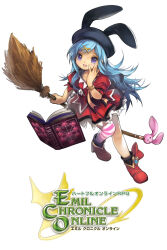  1girl black_hat blue_hair book boots broom copyright_logo dress emil_chronicle_online hair_ornament hairclip hat highres holding holding_broom logo long_hair official_art open_mouth rabbit_ear_headwear red_boots red_dress renet_(eco) single_thighhigh solo striped_clothes striped_thighhighs thigh-highs violet_eyes white_background 