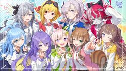  6+girls :d ;) ;d absurdres ahoge airani_iofifteen animal_ears anya_melfissa aqua_eyes area_15 arm_up artist_request asymmetrical_bangs asymmetrical_hair ayunda_risu black_bow black_ribbon blonde_hair blonde_streaks blue_bow blue_eyes blue_hair blunt_bangs blunt_ends bow bow_hairband braid braided_bangs brown_hair closed_mouth collared_shirt color-coded colored_skin colored_tips commentary_request cone_hair_bun copyright_notice diagonal-striped_clothes diagonal-striped_necktie double-parted_bangs double_bun double_w dress_shirt feather_hair_ornament feathers goggles goggles_on_head gradient_hair green_eyes green_hairband grey_hair grey_skin grey_streaks grin group_picture hair_behind_ear hair_bow hair_bun hair_ornament hair_over_one_eye hair_ribbon hairband hairclip half_up_braid halftone halftone_background hand_on_own_chin hand_to_own_mouth hand_up hands_up high_ponytail highres holoh3roes hololive hololive_indonesia hololive_indonesia_school_uniform holoro indonesian_commentary inset_border jacket kaela_kovalskia kobo_kanaeru kureiji_ollie leaf_hair_ornament letterman_jacket long_hair long_sidelocks long_sleeves looking_at_viewer low_twintails medium_hair moona_hoshinova multicolored_hair multicolored_hairband multiple_girls necktie official_art one_eye_closed open_clothes open_jacket open_mouth outline palette_hair_ornament parted_bangs patchwork_skin pavolia_reine pink_hair pink_hairband pointing pointing_at_viewer ponytail purple_hair red_bow red_eyes red_hair ribbon ringed_eyes salute school_uniform second-party_source shirt side_ponytail side_up_bun sidelocks single_sidelock smile split_ponytail squirrel_ears squirrel_girl squirrel_tail stitched_face stitches streaked_hair striped_clothes swept_bangs symbol-shaped_pupils tail teeth twintails two-tone_hair two-tone_hairband two_side_up upper_body upper_teeth_only v very_long_hair vestia_zeta violet_eyes virtual_youtuber w wavy_hair white_outline white_shirt white_skin white_streaks x-shaped_pupils yellow_eyes yellow_jacket zombie 