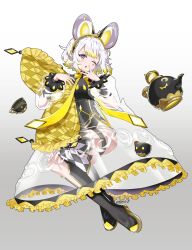  1girl absurdres animal_ears black_leotard blonde_hair checkered_pillow checkered_thighhighs commentary_request cup diamond_(shape) diamond_facial_mark duel_monster facial_mark frilled_hairband frills hairband highres kaichou_(homehome_h) leotard long_sleeves looking_at_viewer maliss_<p>_dormouse mouse_ears mouse_girl multicolored_hair open_mouth see-through_clothes see-through_skirt short_hair simple_background skirt solo spiked_wristband teacup teapot two-tone_hair violet_eyes white_hair yu-gi-oh! 