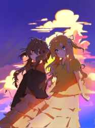  2girls :/ ahoge alternate_costume arm_behind_back backlighting black_cardigan blue_eyes blue_ribbon blush bolo_tie broken_heart broken_heart_hair_ornament brown_hair cardigan closed_mouth clouds collared_shirt commentary cowboy_shot demon_horns demon_tail double-parted_bangs evil_neuro-sama flat_chest frilled_skirt frills hair_between_eyes hair_ornament hair_ribbon hand_on_own_chest heart heart_hair_ornament highres horns long_hair long_skirt long_sleeves looking_at_viewer multiple_girls neuro-sama no_nose nostyx_x off-shoulder_cardigan orange_shirt puffy_short_sleeves puffy_sleeves red_eyes ribbon shade shirt short_sleeves siblings sisters skirt sleeves_past_fingers sleeves_past_wrists smile tail tiered_skirt twilight twins two_side_up untranslatable_commentary v-shaped_eyebrows vedal_ai virtual_youtuber yellow_skirt 