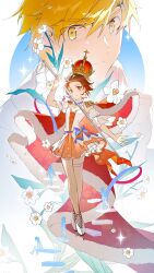  1boy 1girl akeuraji_tsukasa anklet blonde_hair blue_ribbon breasts brown_hair butterfly768 cape choker clenched_hand cloak cross crown dress figure_skating figure_skating_dress floating_stairs flower foot_dangle frilled_dress frilled_sleeves frills fur_cape garter_belt garter_straps gold_crown highres holding holding_sword holding_weapon ice_skates jewelry jumping legwear_garter medalist_(manga) open_hand orange_dress orange_hair patch plant pointed_crown ribbon robe short_hair shoulder_pads shoulder_patch skates spinning stairs sword teacher thigh_strap tomboy very_long_cape weapon white_choker white_garter_belt white_garter_straps yellow_eyes yuitsuka_inori 