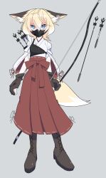  1girl animal_ear_piercing animal_ears armor arrow_(projectile) blonde_hair blue_eyes boots bow_(weapon) brown_boots brown_gloves commentary_request fang fox_ears fox_girl fox_tail full_body gloves grey_background hakama highres japanese_armor japanese_clothes menou_74 menpoo miko original partially_fingerless_gloves red_hakama skin_fang tail variations weapon white_kosode yugake 