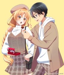  1boy 1girl :d alternate_breast_size_(smaller) alternate_costume alternate_hairstyle asuna_(sao) bag beret black_bag black_hair blush box box_of_chocolates braid braided_ponytail breasts brown_eyes brown_hair brown_hat brown_jacket brown_pants brown_skirt brown_sweater_tank_top commentary_request couple feeding grey_eyes hair_between_eyes handbag hat hetero highres holding holding_box hood hood_down hoodie jacket kirito long_hair long_sleeves matching_outfits miniskirt notice_lines open_clothes open_jacket open_mouth pants parted_bangs plaid_clothes plaid_pants plaid_skirt pleated_skirt shirt short_hair skirt small_breasts smile sweater_tank_top sword_art_online tu_tora2 turtleneck turtleneck_shirt white_hoodie white_shirt 