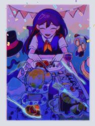  1girl ^_^ absurdres blue_hair blue_vest bottle cake candy cherry closed_eyes collared_shirt confetti cup drinking_glass facing_viewer fake_facial_hair fake_mustache floating floating_object food fork from_above fruit hair_behind_ear hat highres holding holding_fork holding_knife knife long_hair mari_(headspace)_(omori) mari_(omori) milkymilkyshark neckerchief official_style omori open_mouth plate pudding red_neckerchief shirt short_sleeves smile solo spoon steak sushi table top_hat turkey_(food) unworn_hat unworn_headwear upper_body vest whipped_cream white_shirt 