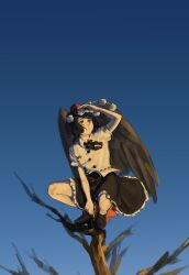  1girl absurdres bird_wings black_bow black_bowtie black_hair black_shoes black_wings blue_sky bow bowtie brown_hair closed_mouth collared_shirt commentary_request day elvencliff frilled_skirt frills geta hat highres leaf_print on_tree pom_pom_(clothes) puffy_short_sleeves puffy_sleeves red_eyes red_hat shameimaru_aya shirt shoes short_sleeves skirt sky solo squatting tengu tengu-geta tokin_hat touhou white_shirt wings 