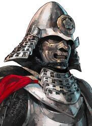  1other aoin armor black_rope commentary_request covered_face crest dou facing_to_the_side family_crest from_side fukigaeshi helmet japanese_armor kabuto_(helmet) kote mask nodowa_(gorget) original rope samurai shikoro shoulder_armor side_cape simple_background sode solo upper_body white_background 