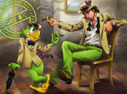  2boys black_bow black_bowtie bow bowtie brown_jacket chair cigar closed_mouth closed_umbrella commentary crossed_legs dual_persona english_commentary furry furry_male green_hair harakirimushi hat holding holding_cigar humanization humanoid_and_humanization jacket jose_carioca long_sleeves male_focus mickey_mouse_&amp;_friends multiple_boys porkpie_hat saludos_amigos shirt short_hair sitting smile smoking the_three_caballeros umbrella white_shirt 
