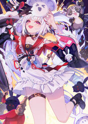  1girl absurdres arms_up black_choker black_gloves black_hat black_shoes blunt_bangs chinese_commentary choker clothing_cutout collar commentary_request diamond_(shape) diamond_facial_mark explosion facial_mark fang frilled_skirt frills gloves hands_up hat hat_ornament heart heart_facial_mark highres holding honkai:_star_rail honkai_(series) long_hair long_sleeves looking_up mark_under_both_eyes multicolored_hair open_mouth pink_eyes plaid_clothes plaid_sleeves rabbit_hat_ornament rabbit_head red_collar red_hair shikongqumingjiaowuxin shoes shoulder_cutout single_glove skirt sleeve_bell solo sparkle_(honkai:_star_rail) sparxie_(honkai:_star_rail) streaked_hair thigh_strap twintails white_hair white_skirt wide_sleeves 