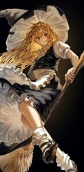  1girl apron black_hat black_shoes black_skirt black_vest blonde_hair bow braid broom broom_riding commentary_request frilled_skirt frills hair_bow hat highres kirisame_marisa kuraageru1600 long_hair mary_janes puffy_short_sleeves puffy_sleeves shoes short_sleeves side_braid single_braid skirt smile socks solo touhou very_long_hair vest waist_apron white_apron white_socks witch_hat yellow_eyes 