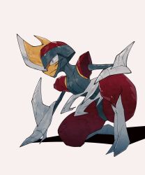  1other arm_blade battle_damage bisharp broken broken_weapon constricted_pupils cracked_armor cracked_helmet cracked_skin drop_shadow grey_eyes grey_helmet grey_trim hand_on_ground hand_on_own_knee helmet highres injury leaning_forward looking_ahead on_one_knee pokemon pokemon_(creature) pokemon_focus red_helmet red_trim scar scar_on_cheek scar_on_face shoulder_pads two-tone_helmet umi-be-to weapon white_background wide_hips 