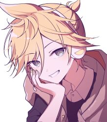  1boy :d ahoge art_waven black_jacket black_sweater blonde_hair bright_pupils brown_hood buttons collared_shirt commentary double-parted_bangs english_commentary eyes_visible_through_hair grey_eyes grin hair_between_eyes hair_flaps hand_on_own_cheek hand_on_own_face hand_up headphones headset highres hood hood_down hooded_jacket huge_ahoge jacket kagamine_len leaning_forward looking_at_viewer male_focus nail_polish open_clothes open_jacket ponytail project_sekai shirt short_hair short_ponytail simple_background smile solo sweater twitter_username upper_body vivid_bad_squad_len vocaloid white_background white_pupils white_shirt yellow_nails 
