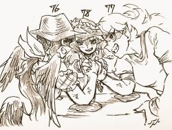  3girls anger_vein arm_wrap bandana bandana_around_neck commentary_request cowboy_hat cuffs feathered_wings grin hair_ornament hat horns hoshiguma_yuugi kurokoma_saki layered_sleeves leaf leaf_hair_ornament long_hair long_sleeves maple_leaf menotama multi-source_commentary multiple_girls oni open_mouth pointy_ears ponytail puffy_short_sleeves puffy_sleeves shackles shaded_face sharp_teeth short_over_long_sleeves short_sleeves single_horn smile teeth touhou touhou_16th_popularity_poll traditional_media wings yasaka_kanako 