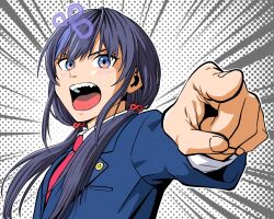  1girl ace_attorney black_hair blue_eyes blue_jacket blue_suit commentary_request cosplay foreshortening hair_ornament halftone halftone_background highres jacket lee_(dragon_garou) low_twintails multicolored_eyes necktie nijisanji open_mouth phoenix_wright phoenix_wright_(cosplay) pointing pointing_at_viewer ponto_nei red_eyes red_necktie solo suit twintails two-tone_eyes upper_body virtual_youtuber 