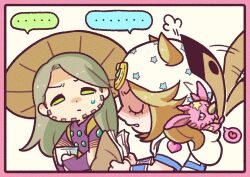  ... 2boys absurdres beanie beard blonde_hair blue_sleeves book border bridal_gauntlets brown_hat chibi chibi_only closed_eyes cowboy_hat english_commentary facial_hair feathers green_eyes grey_hair gyro_zeppeli hat heart heart_ornament highres holding holding_book hood hood_down hoodie horseshoe_hat_ornament horseshoe_ornament johnny_joestar jojo_no_kimyou_na_bouken long_hair looking_at_another m_a_a_m_8 male_focus medium_hair multiple_boys pink_border purple_bridal_gauntlets purple_shirt reading redrawn shaded_face shirt simple_background spoken_ellipsis spoken_heart stand_(jojo) star_(symbol) star_print steel_ball_run tusk_(stand) tusk_act1 two-tone_sleeves white_background white_hat white_hoodie white_sleeves 