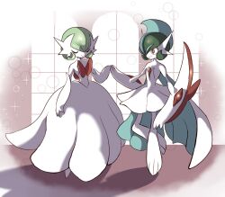  2girls alternate_design alternate_hairstyle alternate_universe arm_blade arm_warmers bob_cut cape cathedral church closed_eyes colored_skin dress english_commentary facing_another fakemon gallade gardevoir genderswap genderswap_(mtf) gown green_hair highres holding_hands indoors interlocked_fingers lampette looking_at_another mega_gallade mega_gardevoir mega_pokemon mega_pokemon_(other) mohawk multiple_girls offering_hand pokemon pokemon_(creature) pokemon_focus red_eyes skirt sparkle strapless strapless_dress tutu vignetting weapon white_arm_warmers white_background white_cape white_dress white_skin white_skirt window 