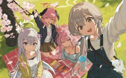  4girls :d ahoge alternate_costume angel_wings arm_under_breasts arm_up azusa_(blue_archive) bag bento black_wings blanket blue_archive blue_jacket blush bow bra_strap braid breasts brown_hair brown_skirt cardigan cardigan_partially_removed casual cherry_blossoms closed_eyes closed_mouth collarbone commentary crescent_halo crossed_bangs cup disposable_cup dress drinking_straw feathered_wings flower food fruit grass green_eyes hair_between_eyes hair_bow hair_flower hair_ornament halo hanako_(blue_archive) hand_on_own_face hand_up head_rest head_wings hifumi_(blue_archive) highres holding holding_cup jacket kekek kneeling koharu_(blue_archive) large_breasts long_hair long_sleeves looking_at_viewer low_twintails low_wings lying make-up_work_club_(blue_archive) multiple_girls off-shoulder_shirt off_shoulder on_blanket on_stomach open_cardigan open_clothes open_jacket open_mouth outdoors picnic pinafore_dress pink_flower pink_hair pink_halo red_halo selfie shirt shrimp shrimp_tempura skirt sleeveless sleeveless_dress smile sushi teeth tempura tree twintails untranslatable_commentary upper_teeth_only v violet_eyes white_bag white_bow white_dress white_hair white_shirt white_wings wing_hair_ornament wing_ornament winged_halo wings yellow_cardigan yellow_eyes yellow_halo 