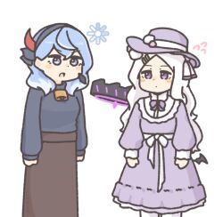  2girls ahoge ako_(blue_archive) alternate_costume artist_name bell belt_ribbon bib_collar blue_archive blue_eyes blue_hair blush_stickers cowbell dress enobun3gyo fluffy_hair flying_sweatdrops frilled_dress frills hair_ornament hair_ribbon hairclip halo hat hina_(blue_archive) loading_icon long_skirt mini_wings multiple_girls neck_ribbon open_mouth petticoat pom_pom_hat_ornament ribbon signature simple_background skirt surprised sweater violet_eyes white_hair wings 
