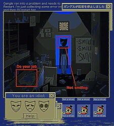  0kame-san 1girl :| analog_clock burger caine_(the_amazing_digital_circus) clock closed_mouth comedy_and_tragedy_masks crying doorway dreamcore food frown full_body gangle_(the_amazing_digital_circus) glitch highres mask necktie pants paper poster_(object) sad shirt smile smiley_face spudsy's_uniform standing the_amazing_digital_circus whiteboard window_(computing) 