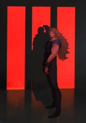  1boy absurdres black_pants black_shirt blonde_hair closed_mouth commentary_request cuffs denisefanta different_shadow facial_hair from_side full_body goatee highres killer_(one_piece) looking_at_viewer male_focus one_piece pants shackles shirt sideburns solo standing 