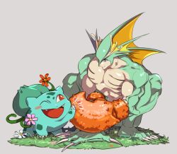  blue_eyes blush blush_stickers bulbasaur claws crossover darkstalkers evolutionary_line fangs fins fish_boy flower food grass grey_background holding holding_food looking_at_another meat monster_boy muscular no_humans one_eye_closed open_mouth orange_flower pink_flower plant pokemon pokemon_(creature) protected_link red_eyes rikuo_(darkstalkers) rozavamp simple_background smile squatting vines white_flower 