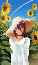  1girl arms_behind_back black_choker blue_sky chainsaw_man choker closed_mouth commentary dress english_commentary field flower flower_field hair_between_eyes hat highres kindpeople08 medium_hair purple_hair reze_(chainsaw_man) sky smile solo standing straw_hat sunflower sunflower_field upper_body white_dress yellow_eyes 