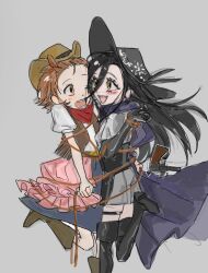  2girls bandana black_hair black_hat blush boots bound brown_hair brown_hat chaps cowboy_hat cowboy_western dress eyelashes garter_straps gaucho grey_background gun hat head_on_head head_rest high_heel_boots high_heels holster kamisaki_hikaru legs_back light_blush long_hair medalist_(manga) multiple_girls one_eye_closed orange_hair pink_dress plzfill_blank purple_bandana purple_dress red_bandana short_hair smile standing standing_on_one_leg tied_up_(nonsexual) tomboy weapon whip yellow_eyes yuitsuka_inori 