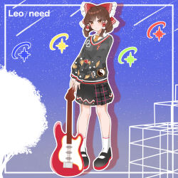  1girl absurdres alternate_costume black_shoes border bow brown_eyes brown_hair closed_mouth collared_shirt commentary_request frilled_bow frilled_hair_tubes frills full_body grey_skirt grey_sweater guitar hair_bow hair_tubes hakurei_reimu highres holding holding_guitar holding_instrument inset_border instrument long_hair long_sleeves looking_at_viewer mary_janes necktie outside_border project_sekai red_bow rusk_(pixiv_124830314) shirt shoes skirt socks solo star_(sky) starry_sky_background sweater touhou tree white_border white_shirt white_socks yellow_necktie 