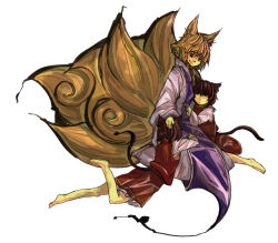  3girls animal_ears blonde_hair brown_hair cat_ears cat_girl cat_tail chen clone closed_mouth dress expressionless feet_up fox_ears fox_girl fox_tail frilled_skirt frills full_body hands_on_another's_head hug kitsune long_sleeves looking_at_another lying medium_skirt missing_headwear multiple_girls multiple_tails on_stomach petting purple_tabard red_skirt red_vest seiza shirt short_hair sitting skirt smile tabard tail touhou uewtsol vest white_background white_dress white_shirt yakumo_ran 