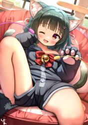  1girl :3 :d animal_ear_fluff animal_ears animal_hands bell black_jumpsuit black_slippers blunt_bangs blush borrowed_character bow bowtie brown_eyes buttons cameltoe cat_ears cat_girl cat_tail cat_teaser cedar_(cedar_japonica) commentary_request commission cup day dutch_angle fang gloves green_hair green_tail hair_ornament hair_ribbon heart heart-shaped_pillow indoors jingle_bell jumpsuit knee_up leaning_back legs looking_at_viewer medium_hair neck_bell off_shoulder one_eye_closed original paw_gloves paw_hair_ornament paw_pose paw_sleeves pillow red_bow red_bowtie ribbon scratching_post short_jumpsuit signature sitting skeb_commission slippers smile spread_legs tail thighs two_side_up 