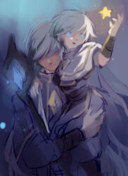  2boys adult armor blue_eyes carrying carrying_child child glowing highres holding luminous_(maplestory) luminous_slime magic maplestory multiple_boys sketch smile staff white_hair 